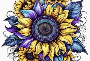 Purple, yellow and blue sunflowers with a cross tattoo idea