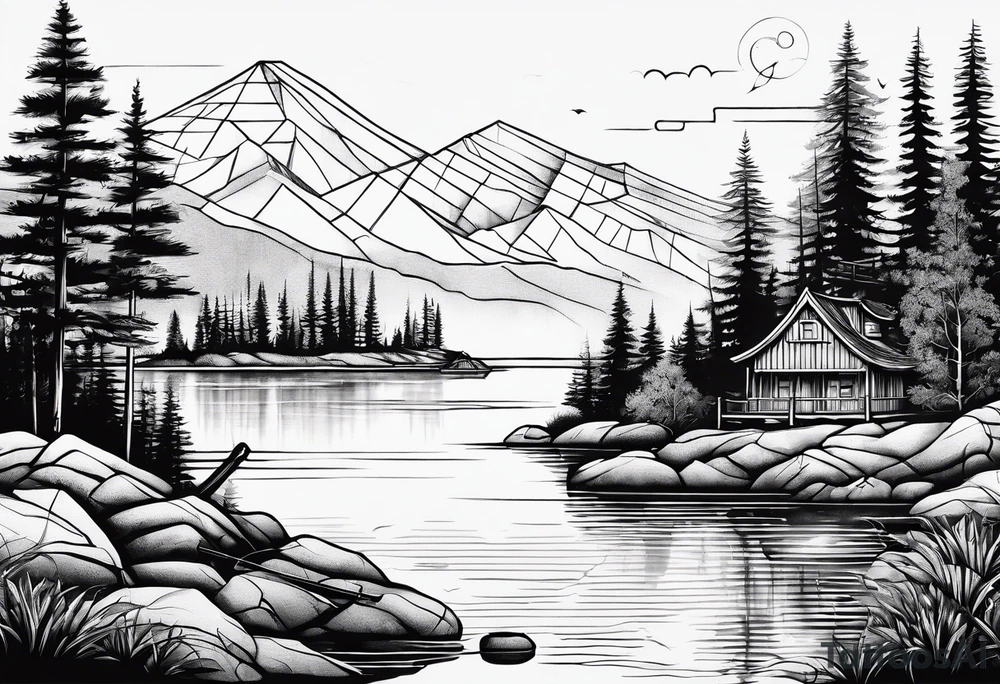 landscape and fishingpole and line with hook tattoo idea