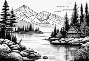 landscape and fishingpole and line with hook tattoo idea