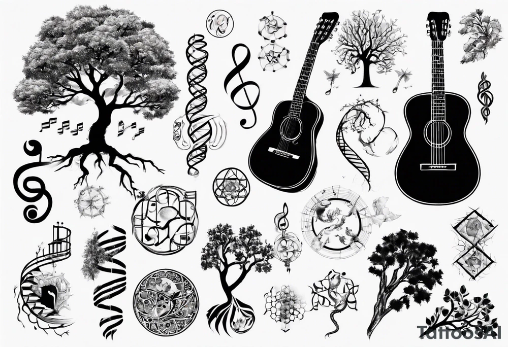 DNA science guitar piano, music. tree of life tattoo idea