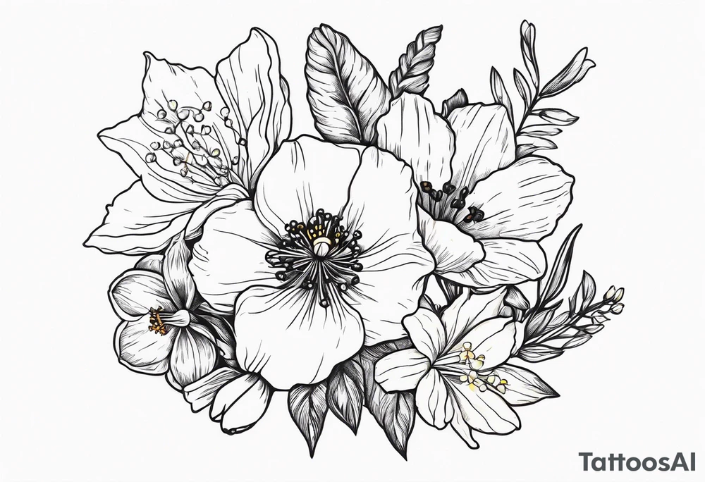 Poppy, larkspur, cosmo, Lily of the valley, daffodil, flower bouquet, portrait style tattoo idea