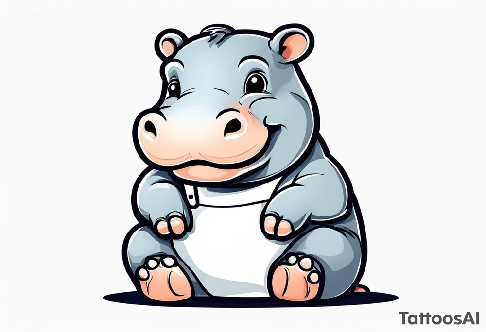 Baby hippo wearing a overalls and holding up his middle finger tattoo idea
