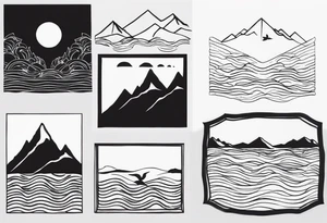 i want two different tattoos next to each other in a matching sytle. one is going to be about a sea/beach at sunset and the second one is mountains with sunrise. All going to be black and white. tattoo idea
