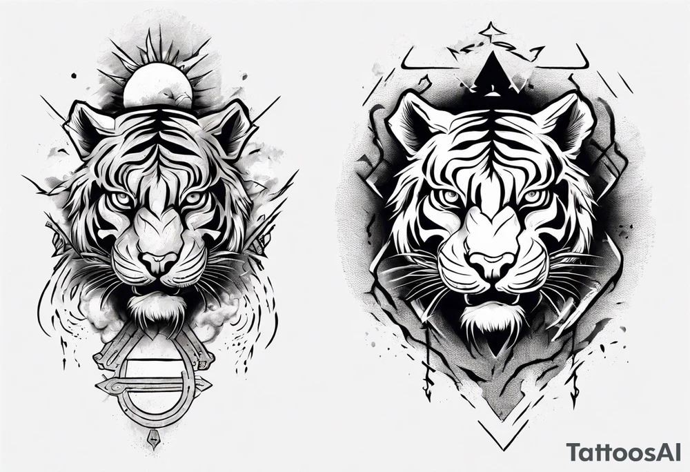 Ancient tiger with lightning and a sun for a forearm sleeve. With patterns surrounding it tattoo idea