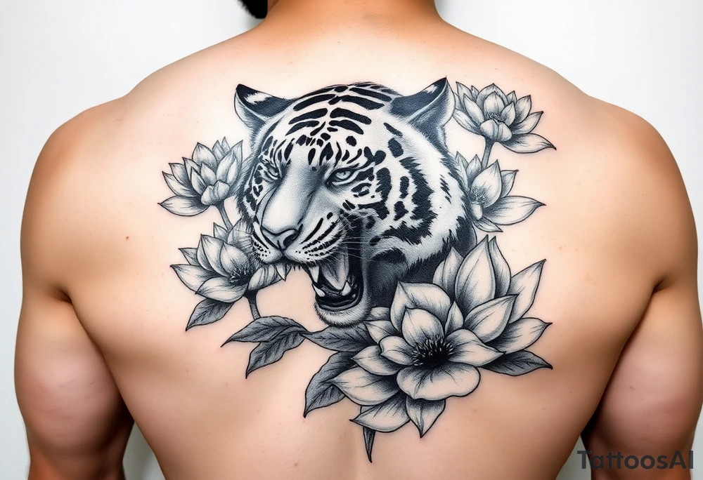 fierce tiger emerging through blooming lotus flowers in mist tattoo idea