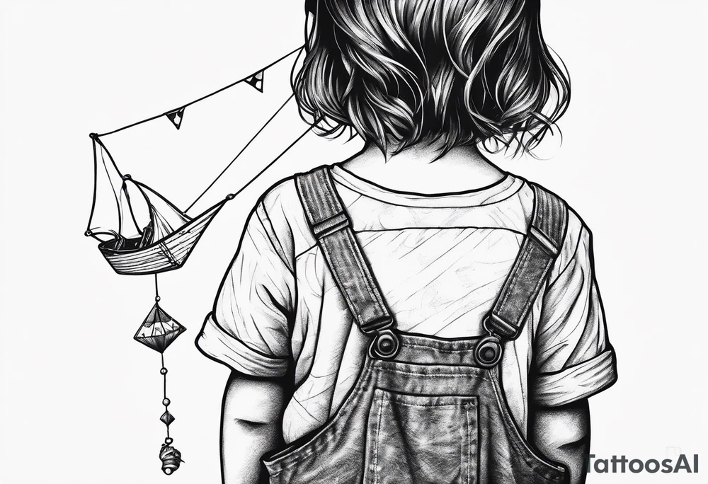 back image of a little girl in a dress, holding a kite , a teddy bear in overalls standing beside her tattoo idea