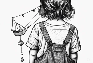 back image of a little girl in a dress, holding a kite , a teddy bear in overalls standing beside her tattoo idea