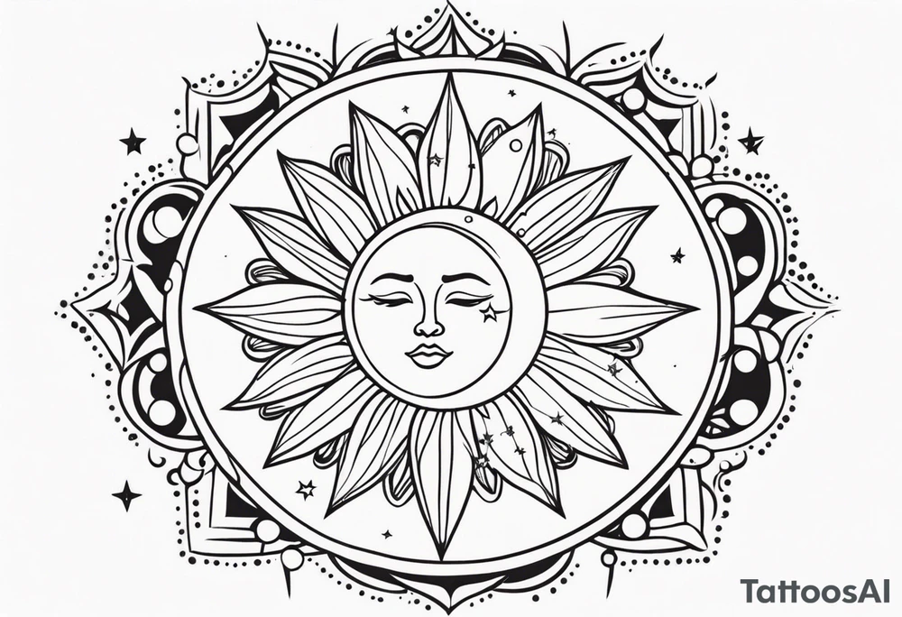Western sun stars and moon. Mirrored with swirls and dots and stars tattoo idea