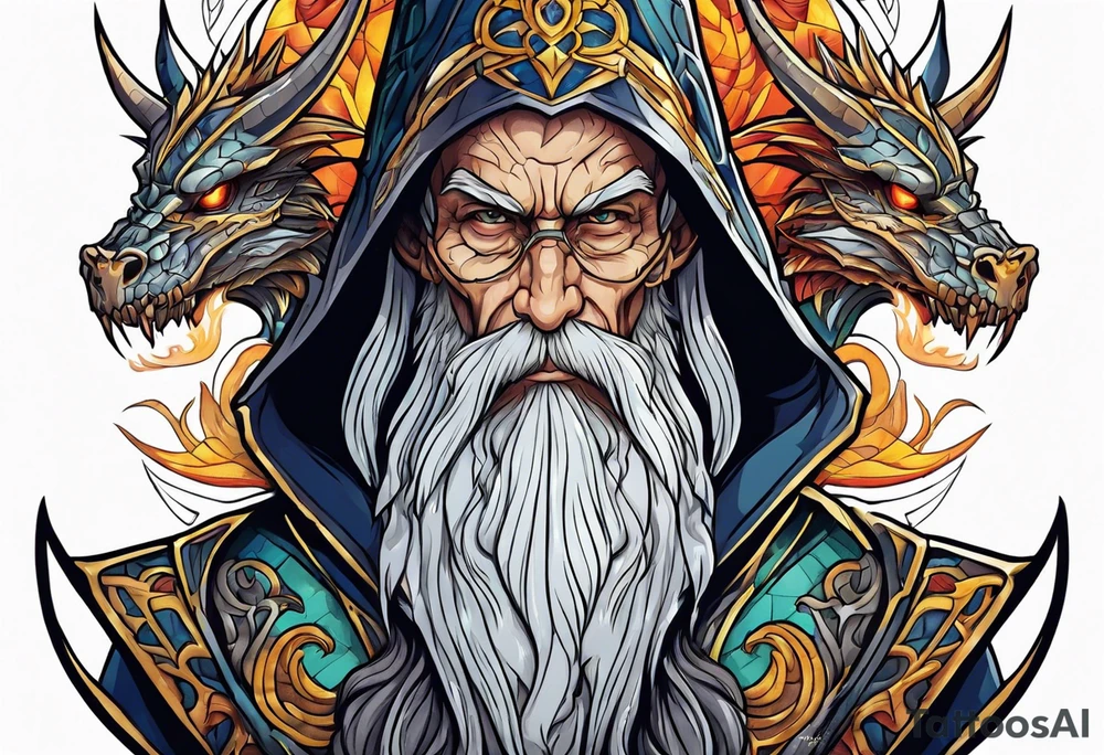 roaring dragons wizard and skull tattoo idea