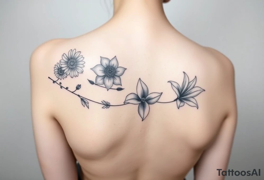 This tattoo is on a woman. It is a line of flowers connected by a single stem. It starts on her left pectoral with a Glaiolus and Daisy together, then the tatoo rises over the left shoulder and down the arm and ends at the elbow. The tattoo will include a primrose, Calla Lily, and a Lilly. It will be light on color except in the petals and has light shading to make it pop. tattoo idea