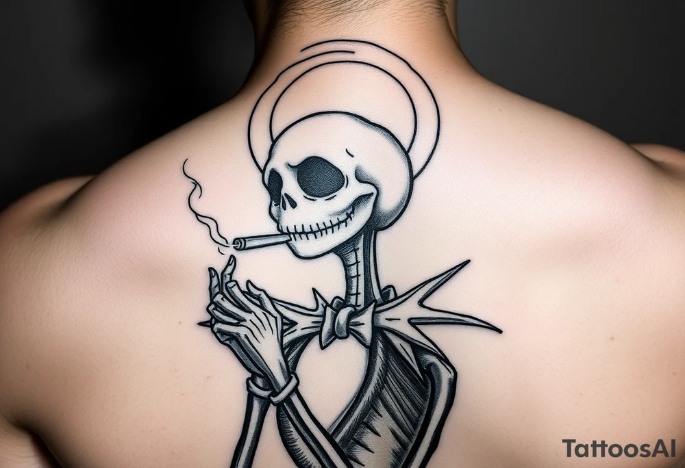 jack skellington smoking a blunt, with a halo over head, Christmas themed in heaven tattoo idea