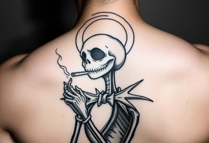 jack skellington smoking a blunt, with a halo over head, Christmas themed in heaven tattoo idea