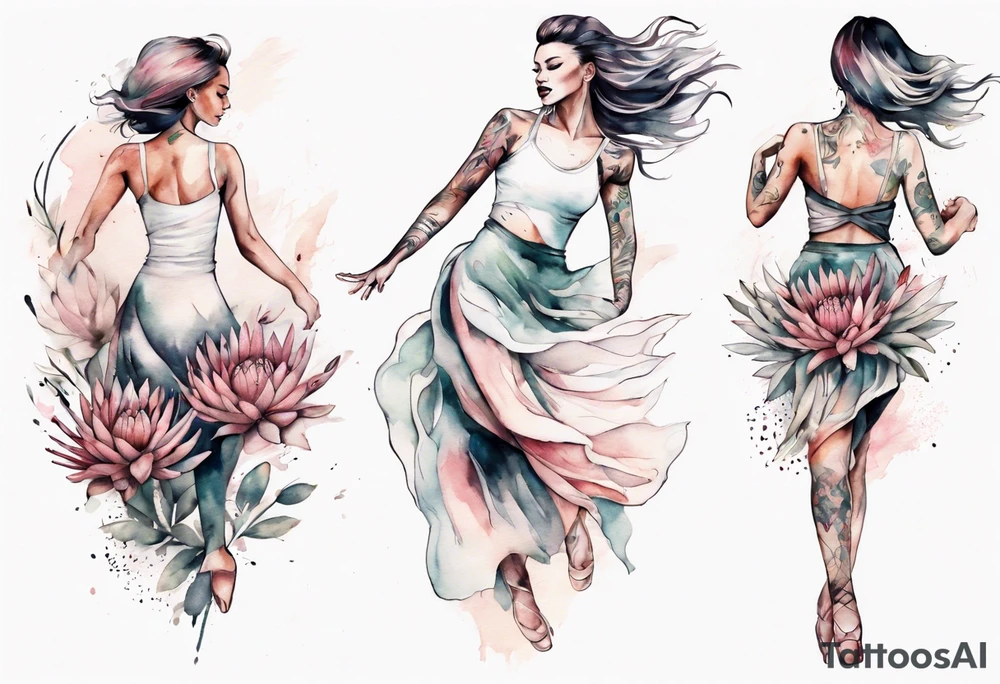 Very feminine tattoo with a woman dancing in a wind of protea flowers tattoo idea