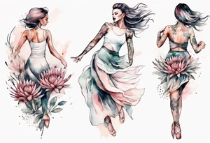 Very feminine tattoo with a woman dancing in a wind of protea flowers tattoo idea