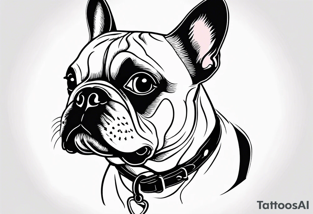 Design a delicate outline tattoo of a French Bulldog, emphasizing its charming features and quirky expression tattoo idea