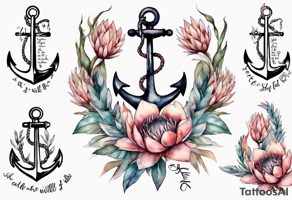 Very feminine tattoo of an anchor and protea flowers and the verse: God is within her, she will not fall. tattoo idea