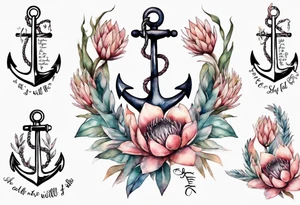 Very feminine tattoo of an anchor and protea flowers and the verse: God is within her, she will not fall. tattoo idea