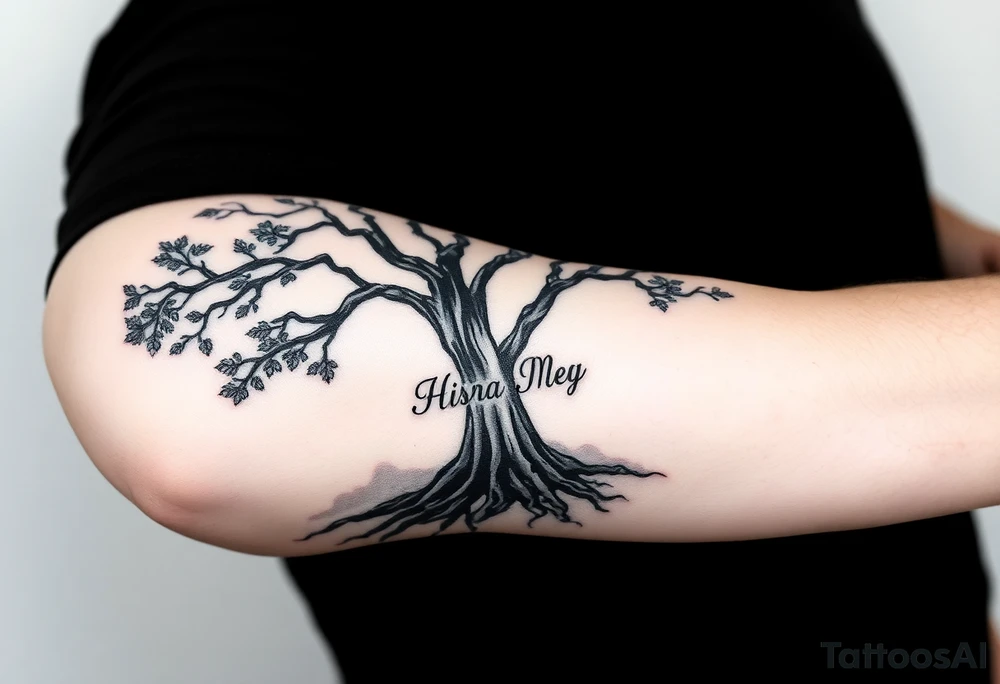 A black and gray realistic tree with engraved initials on the trunk, highlighting deep-rooted family connections tattoo idea