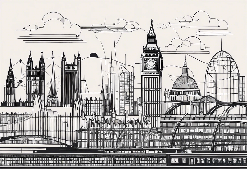 A minimalistic, abstract design capturing the architectural essence and vibe of London. Key elements of London’s skyline and structure are hinted at with clean lines, and subtle detailing includes personal touches, like a nod to Feid’s signature look (hat, glasses, mustache), integrated discreetly to honor a memorable concert experience. tattoo idea