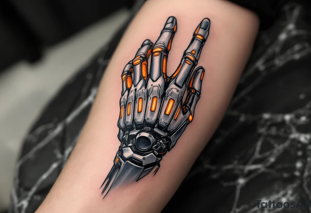 A half-human, half-robot hand in skin-tone fading into steel grey with glowing orange veins. tattoo idea