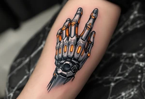 A half-human, half-robot hand in skin-tone fading into steel grey with glowing orange veins. tattoo idea