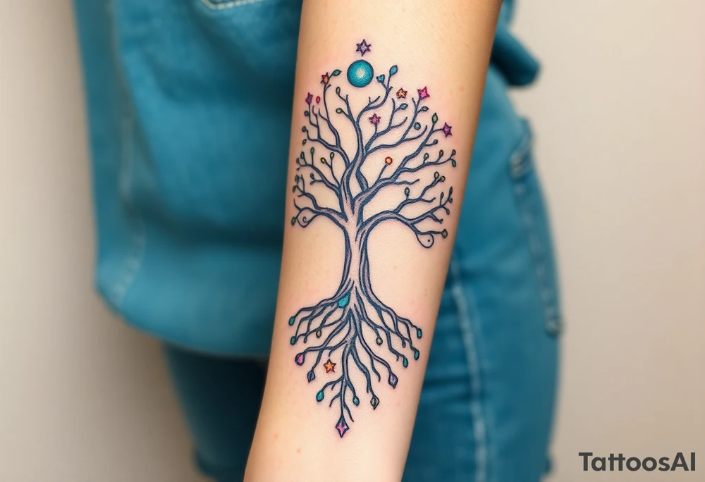mystical tree of life with cosmic roots and celestial branches tattoo idea