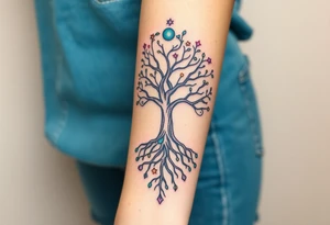 mystical tree of life with cosmic roots and celestial branches tattoo idea