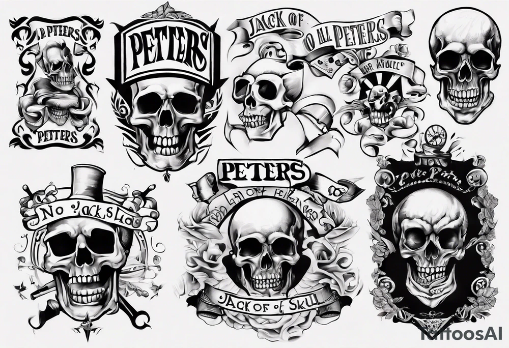 men’s arm sleeve, the name Peters, jack of all trades, no skull tattoo idea