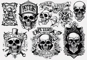 men’s arm sleeve, the name Peters, jack of all trades, no skull tattoo idea