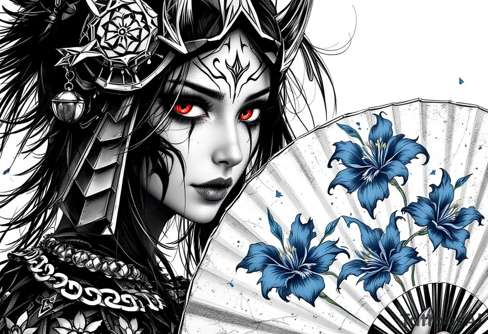 Woman samurai with red eyes wearing an half and broken kitsune mask, holding a japanese fan with blue Iris flowers tattoo idea