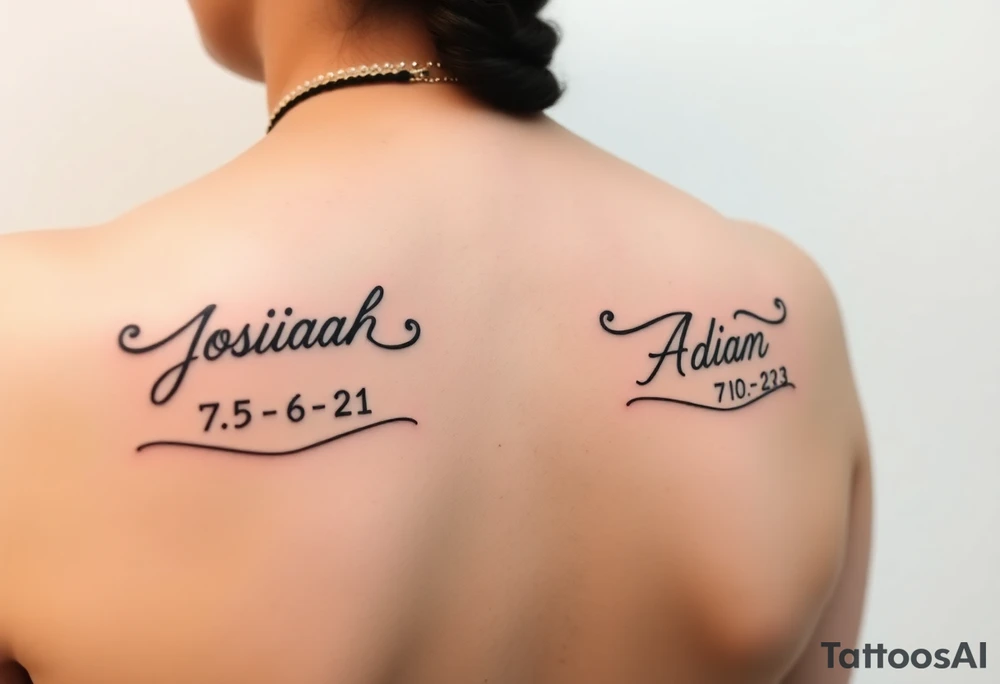 Mother with two sons 1 and half years apart ideas for a women In cursive writing in side crowns the names Josiah   the othe Adian  and thier days numbers in roman numerals josiahs bday is 7-6-21 & Adian is 3-10-23 in roman numerals tattoo idea