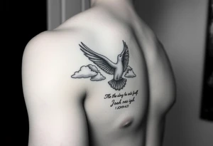 sun rays starting on shoulder going a bit onto chest and down arm with some clouds, mourning dove, bible verse 1 John 4:21 written on the bicep tattoo idea