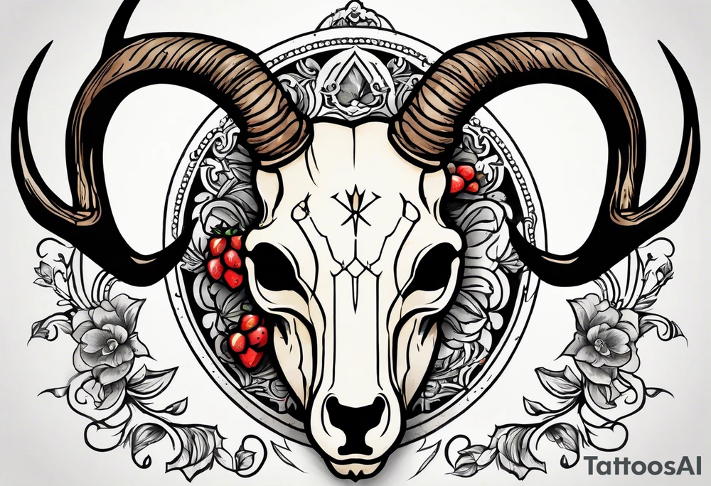 A deer skull. The astrological sign for Aries and Taurus hanging from the antlers. There should be some strawberry imagery in it also. tattoo idea