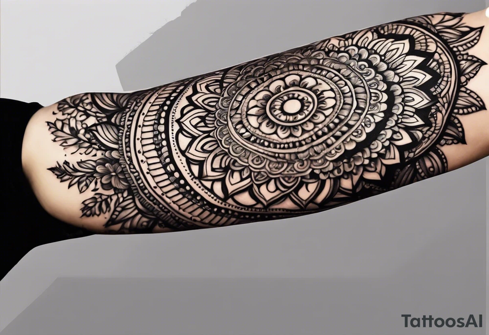 Full arm mandala henna female tattoo design with mushroom henna at shoulder tattoo idea