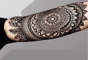 Full arm mandala henna female tattoo design with mushroom henna at shoulder tattoo idea