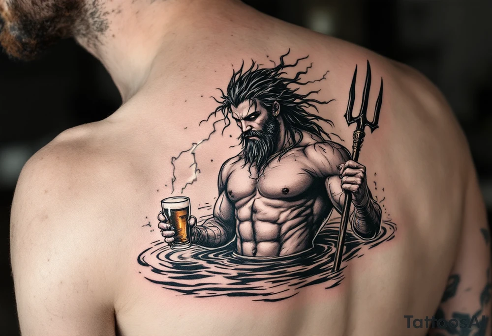 young, fit poseidon in calm water, holding a trident, holding a beer, with lightning tattoo idea