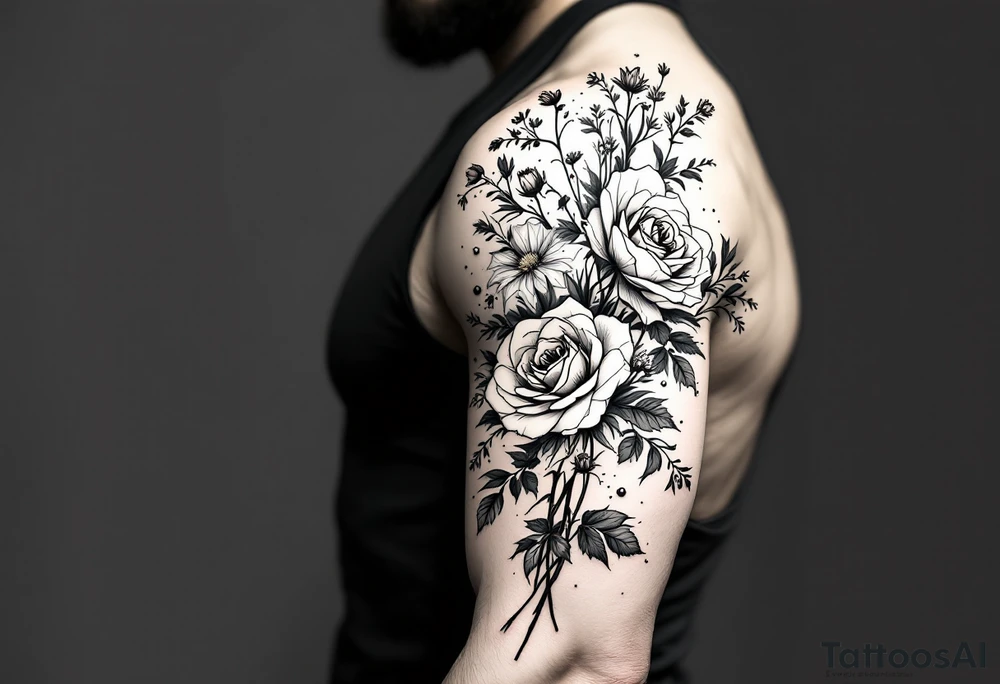 vintage bouquet of wild roses and meadow flowers with morning dew tattoo idea