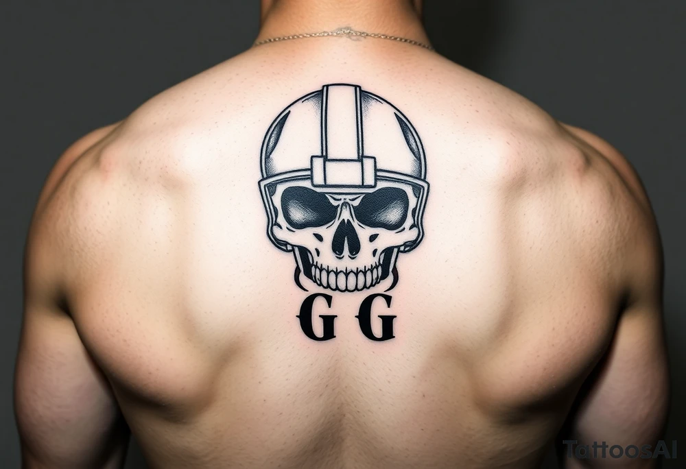 Skull wearing football helmet initials GG tattoo idea