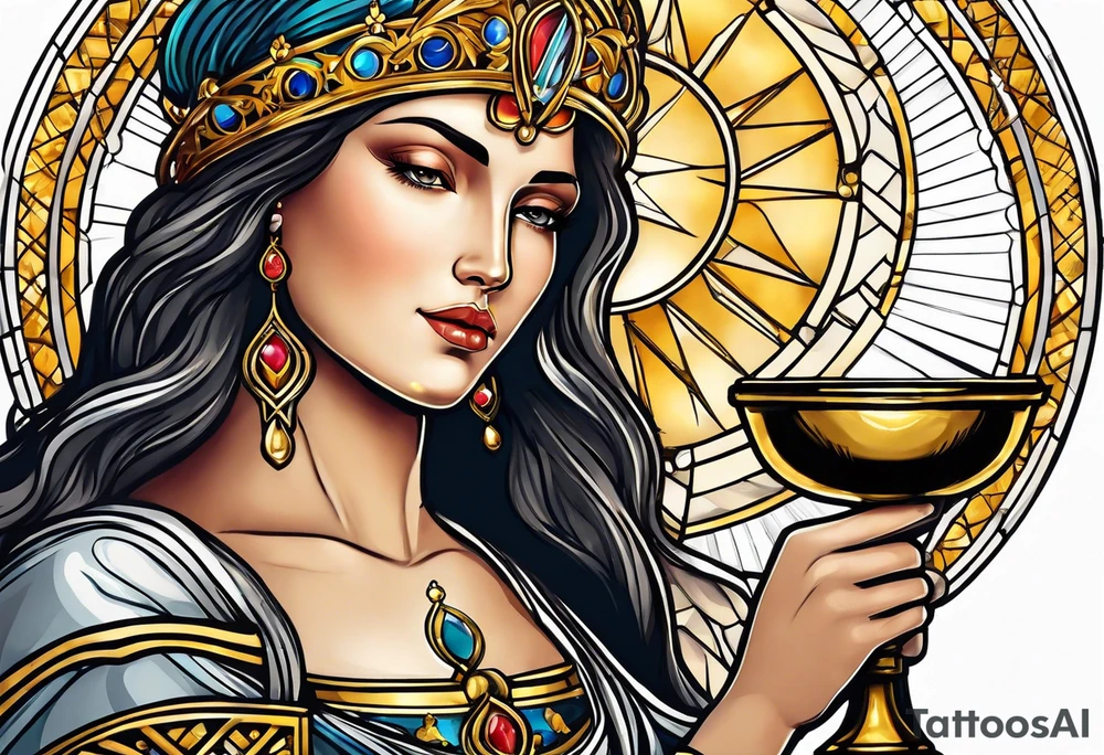 holy saint woman with golden halo holding a chalice tattoo idea