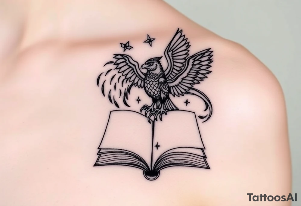 An open book with silhouettes of a werewolf, owl, dragon & phoenix above it tattoo idea