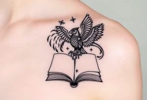 An open book with silhouettes of a werewolf, owl, dragon & phoenix above it tattoo idea