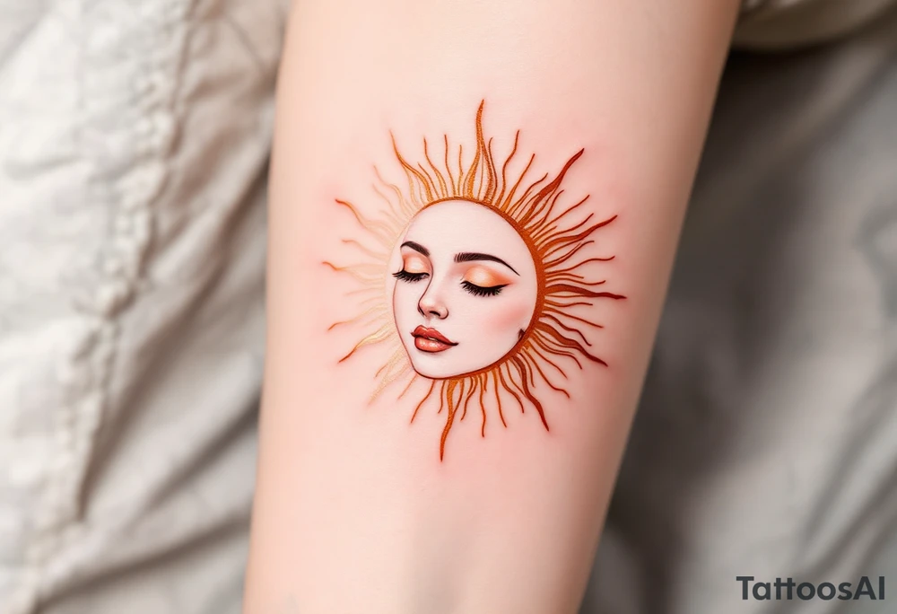 A stylized sun with the son’s face subtly etched in gold and burnt orange rays. tattoo idea