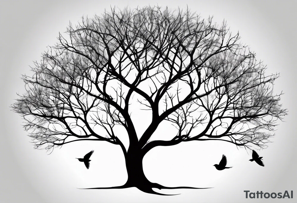Leafless tree with a mix of birds and black birds flying by it. Make it skinnier with no leaves and just branches. Make the branches not go out as far tattoo idea