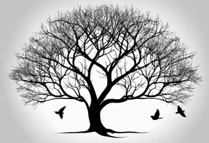 Leafless tree with a mix of birds and black birds flying by it. Make it skinnier with no leaves and just branches. Make the branches not go out as far tattoo idea