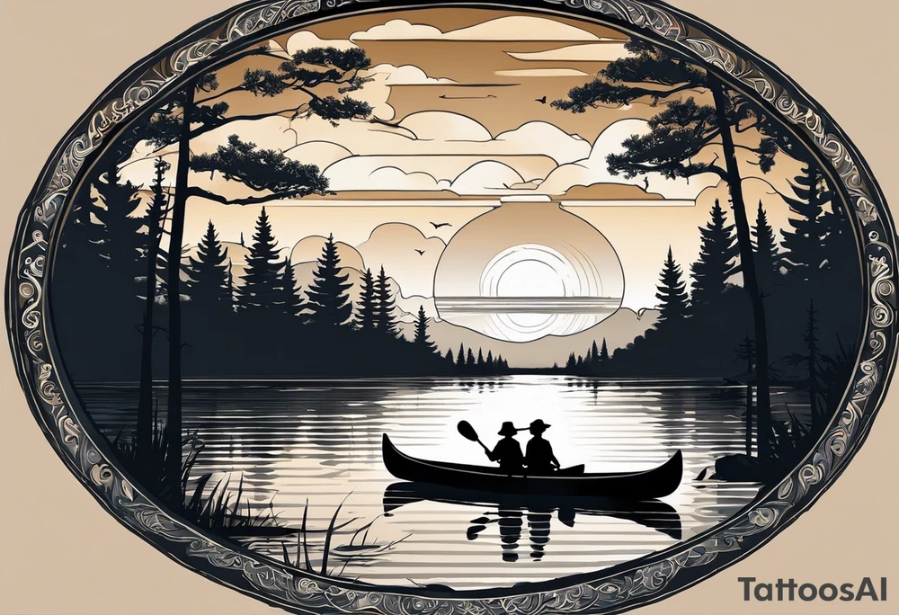 The tattoo design depicts a serene nature scene, framed within a semi-circular border. In the foreground, there are two people sitting in a canoe on a calm lake. They are paddling towards the horizon, with one person sitting at the back of the canoe and the other at the front. The back view of the people suggests a peaceful and contemplative moment shared between them.

In the background, there are majestic mountains with peaks covered in snow, creating a dramatic and picturesque landscape. The mountains are flanked by tall pine trees on either side, adding to the wilderness feel of the scene. Above the mountains, a large sun is either rising or setting, casting a tranquil glow over the entire scene. Birds are flying in the sky, adding to the sense of freedom and natural beauty.

The entire scene is rendered in a minimalist, black and white, line-drawing style, giving it a clean and elegant appearance. The semi-circular frame around the design focuses attention on the central elements and adds a sense of completeness to the image. black and white tattoo idea