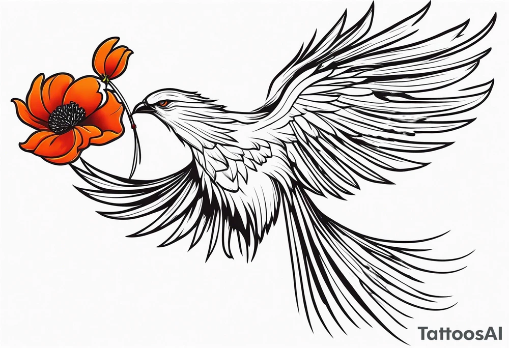 elongated phoenix in flight
in profile long tail with claws holding poppies falling tattoo idea
