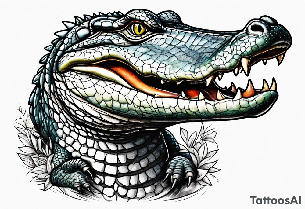 Alligator with its mouth open while a bird is standing on its teeth. Baby gators om the side looking at the bird tattoo idea