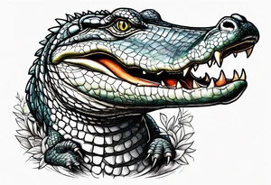 Alligator with its mouth open while a bird is standing on its teeth. Baby gators om the side looking at the bird tattoo idea