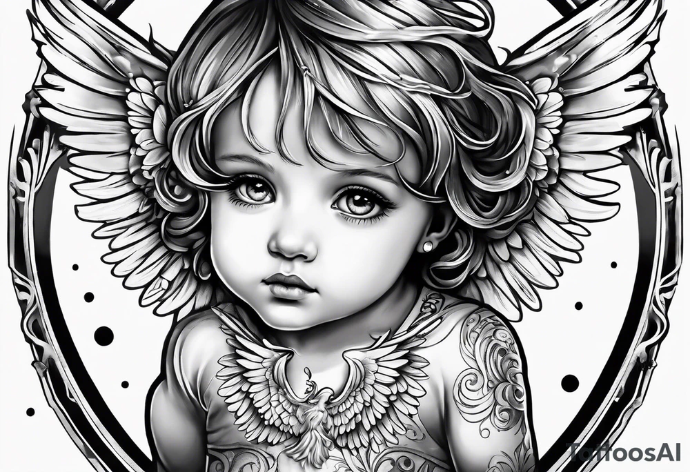Angel covering a kid with holes in its wings and teardrops coming out of the angel tattoo idea