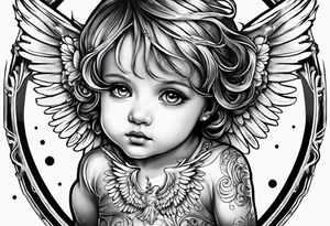 Angel covering a kid with holes in its wings and teardrops coming out of the angel tattoo idea